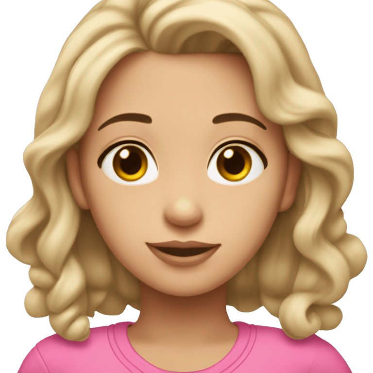 A slightly brunette girl with pretty features wearing a pink hair tie and medium length dark brown hair with blonde ends wearing a pink outfit emoji