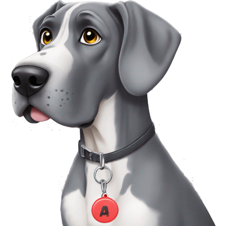 Grey Great Dane with name tag that says “piper” emoji