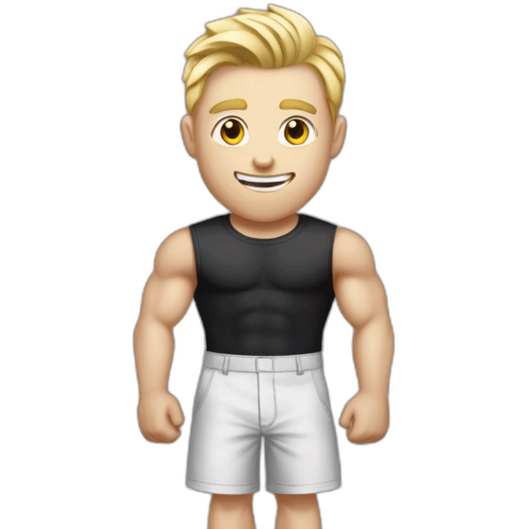 Pale skinned Fit Man With the biceps and blonde hair in black shirt, gray sports shorts and white Sneakers Writing text on the flipchart emoji