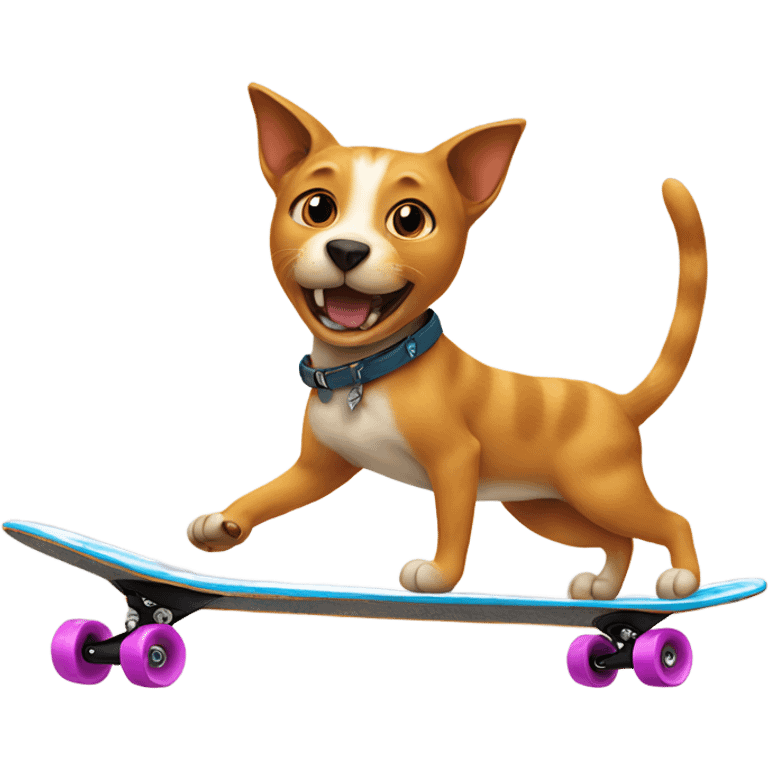 Cat riding a skateboard with a dog chasing it emoji