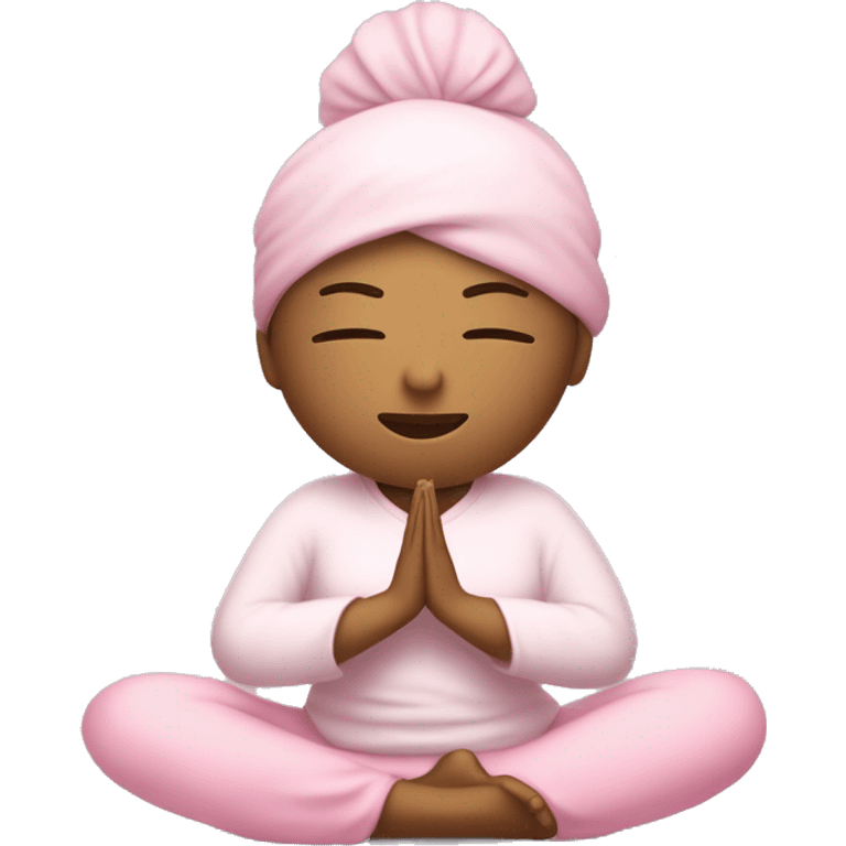 Chica haciendo yoga, con tés blanca y ropa rosa pastel y audífonos, en posición de meditación  emoji