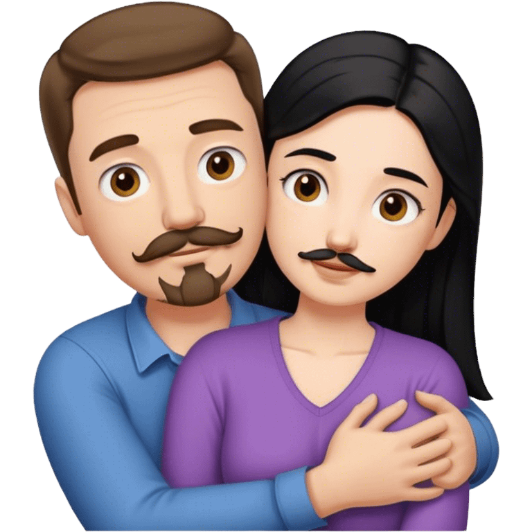 Tall white man with short brown hair mustache and goatee, hugging small pale woman long with black hair emoji