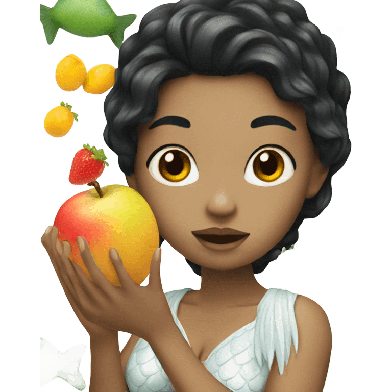 Black hair, white Mermaid eating fruit emoji