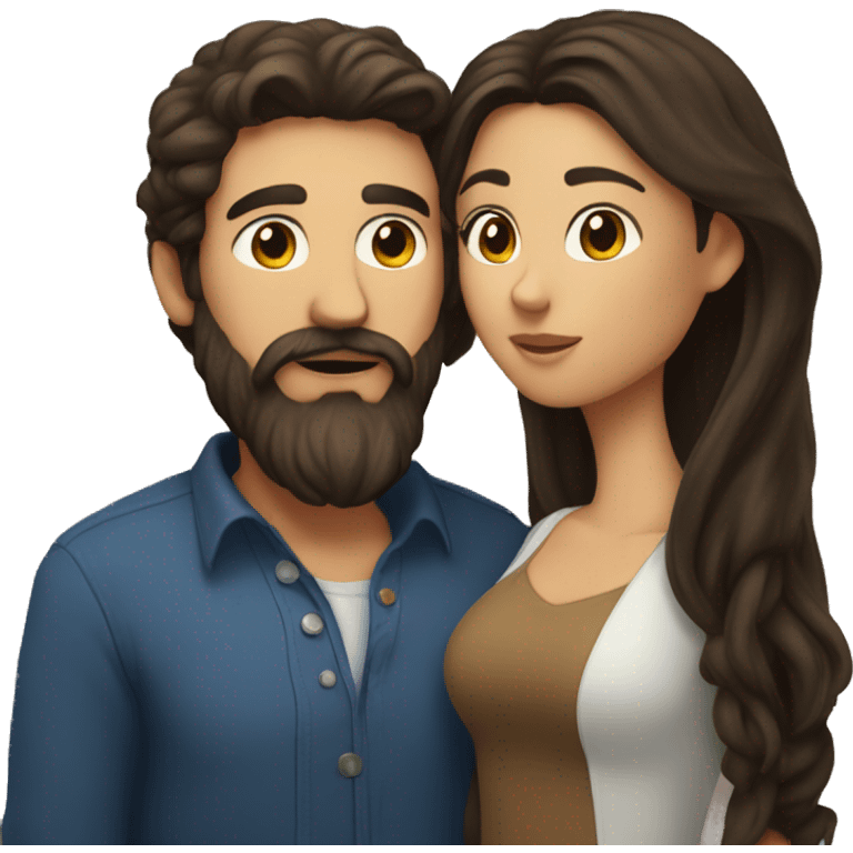 Brunette man with beard kissing brunette woman with long hair emoji