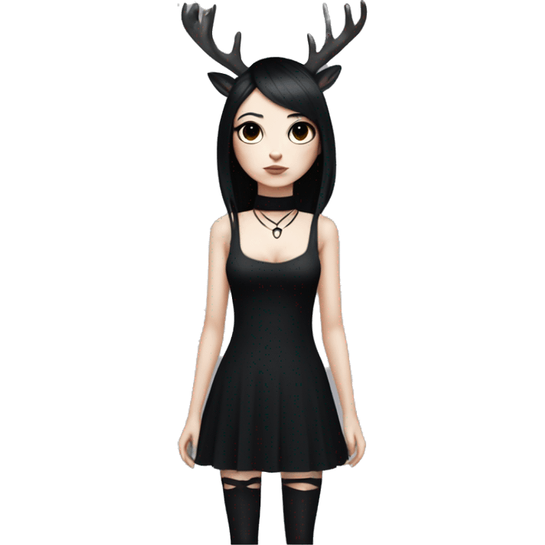 Goth deer girl with black hair in a sleeveless black dress and choker, white antlers and deer ears emoji