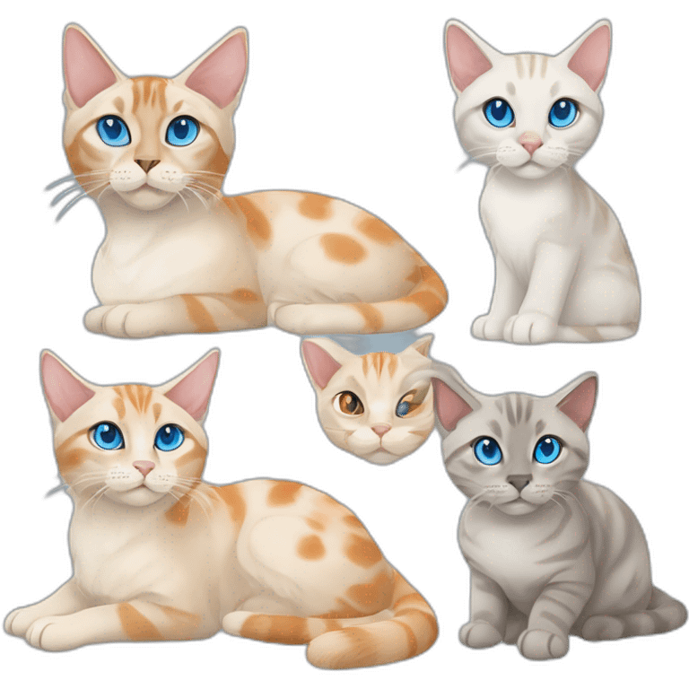 one grey lynx point siamese cat with blue eyes, one orange and white tabby cat, and one orange cat with orange eyes emoji