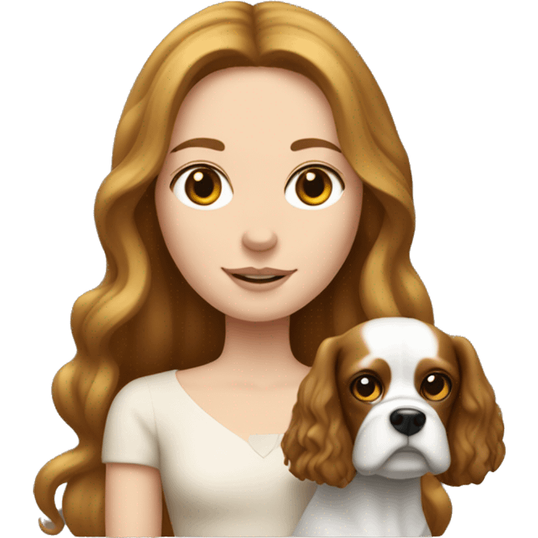 pale girl with long brunette hair holding a king charles dog emoji