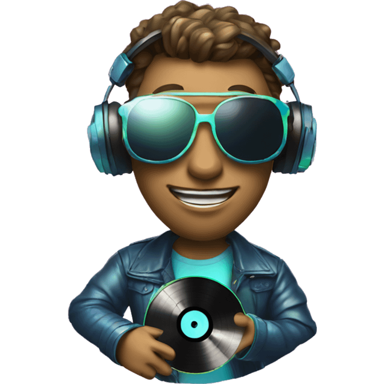 A dj wearing sunglasses playing music holding a cd record record, vinyl, oilslick holographic emoji