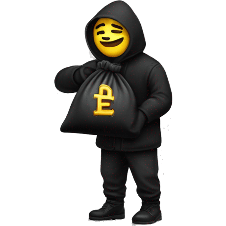 Thief wearing all black clothes actively stealing a money bag with the words Top Tier embroidered on it emoji