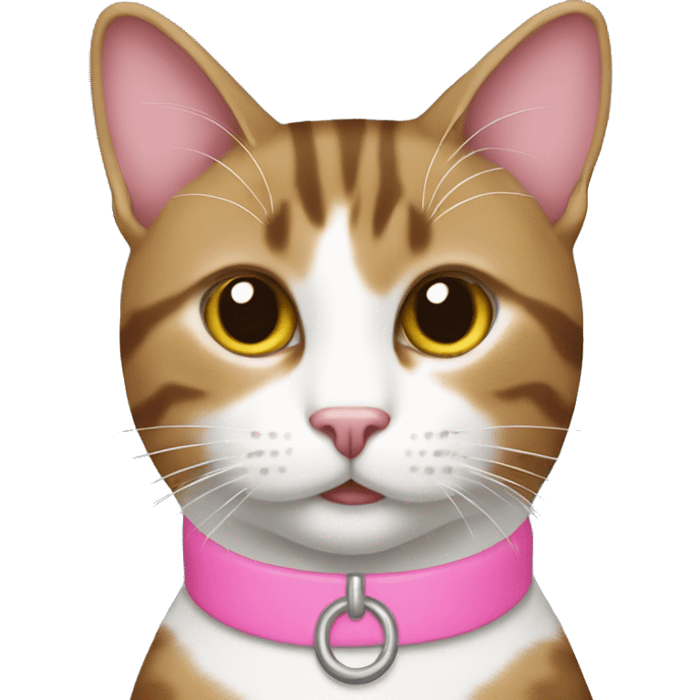 Brown and white tabby cat with pink collar emoji