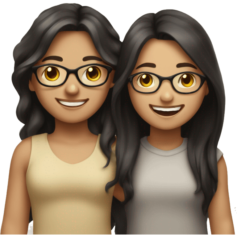 An emoji of a brunette girl with long hair, joyfully holding hands with a black-haired girl wearing glasses, both smiling and expressing happiness emoji