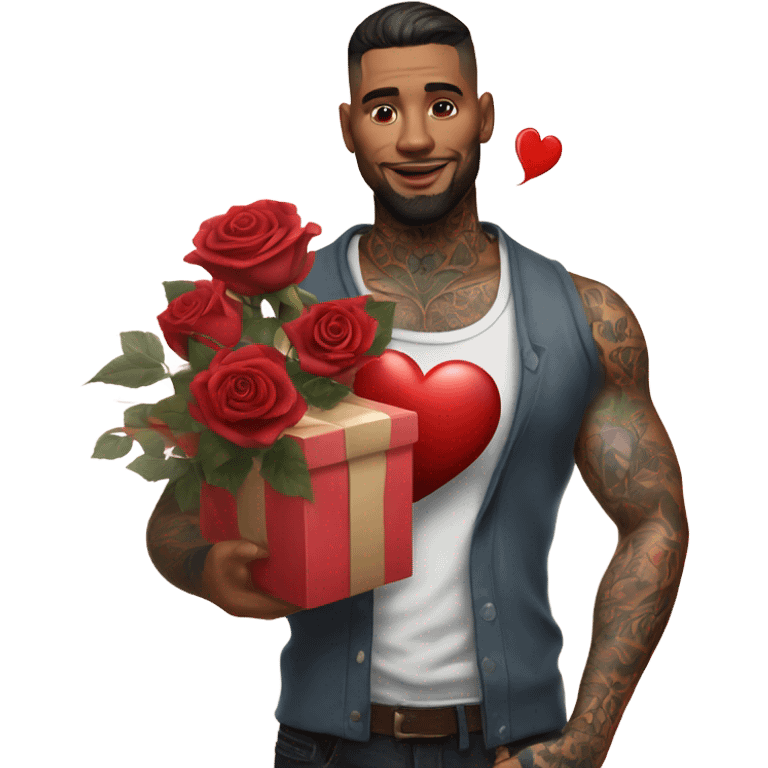 Hyper Realistic handsome tattooed man holding roses and a heart shaped gift box emoji