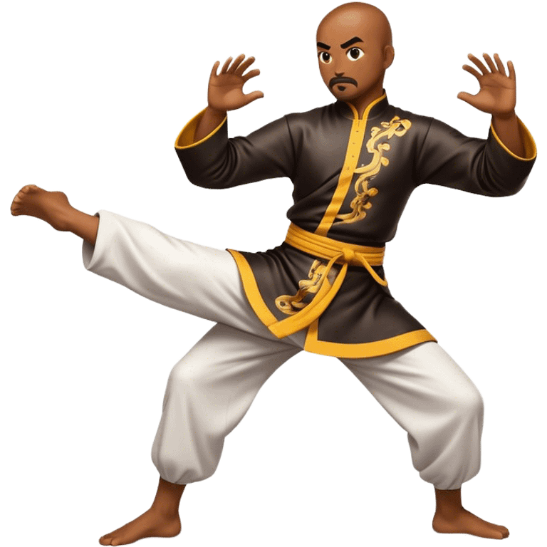 Cinematic Realistic Kung Fu Action Emoji, depicted as an epic martial arts scene with a master executing a precise move in traditional attire, rendered with fluid motion and vibrant textures under dramatic high-contrast lighting. emoji