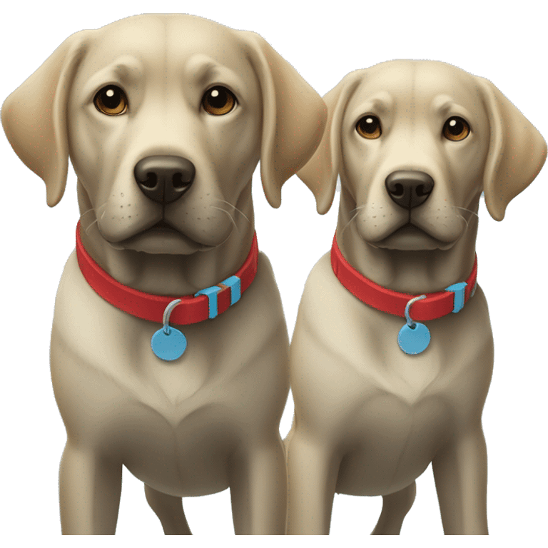 black-coloured labrador on the left with red collar, black-coloured labrador on the right with light blue collar. emoji