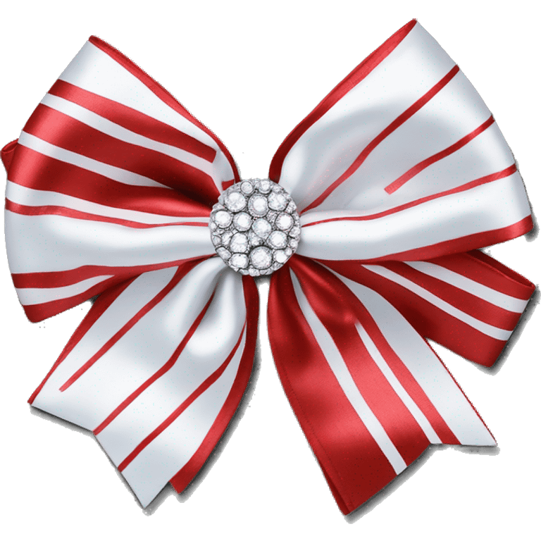 white and red candy cane striped satin bow with rhinestones in middle emoji