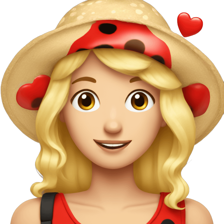 Blonde husban wearing a ladybug hat with hearts emoji