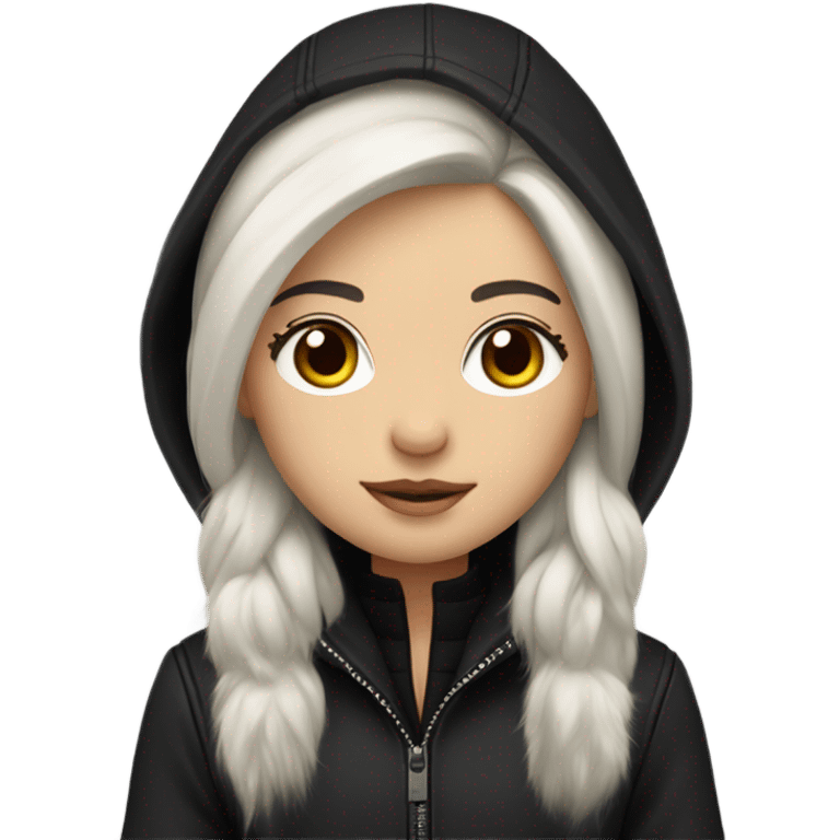 White-skinned hair with hazel eyes and dark long straight hair wearing black jacket a fur hood emoji