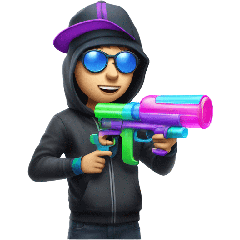 Caucasian boy in rave gear with mask and hat and shooting a bubble gun emoji