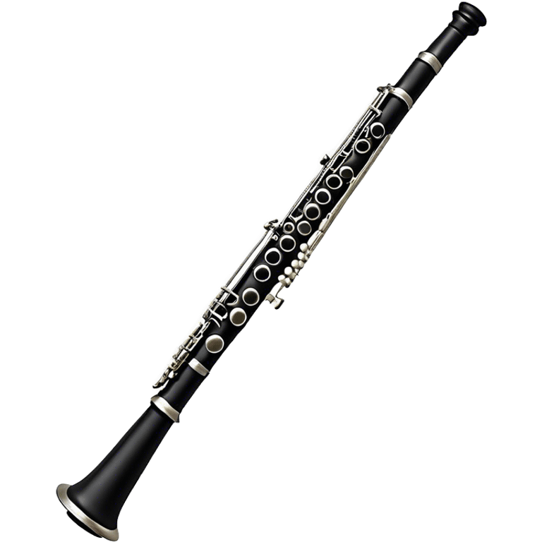 Create an elegant and refined emoji representing A clarinet. The design should showcase the sleek, black wood finish of the clarinet with its shiny metal keys and elegant detailing. Include the distinct, high-quality features, giving it a modern and sophisticated look. Add subtle elements like the mouthpiece with the reed, emphasizing its importance in sound production. Use dark tones like ebony, silver for the keys, and soft light reflections to evoke a professional, classical feel. The background should be transparent. emoji