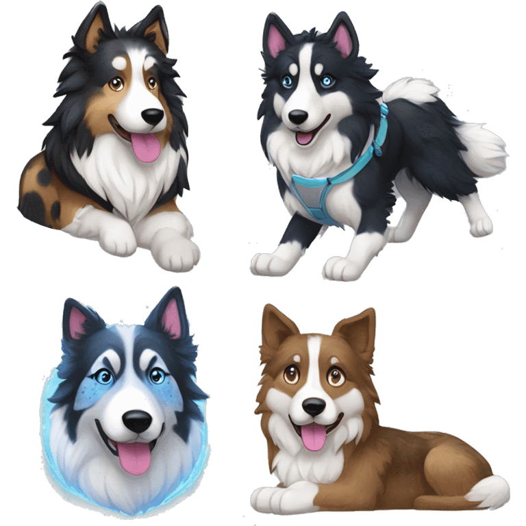  Black spotted brindle fluffy collie husky blue eyes fluffy ears and holographic harness running emoji