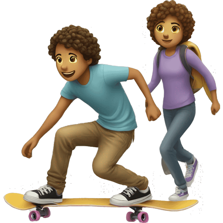 A young person on a skateboard is pushed by another emoji