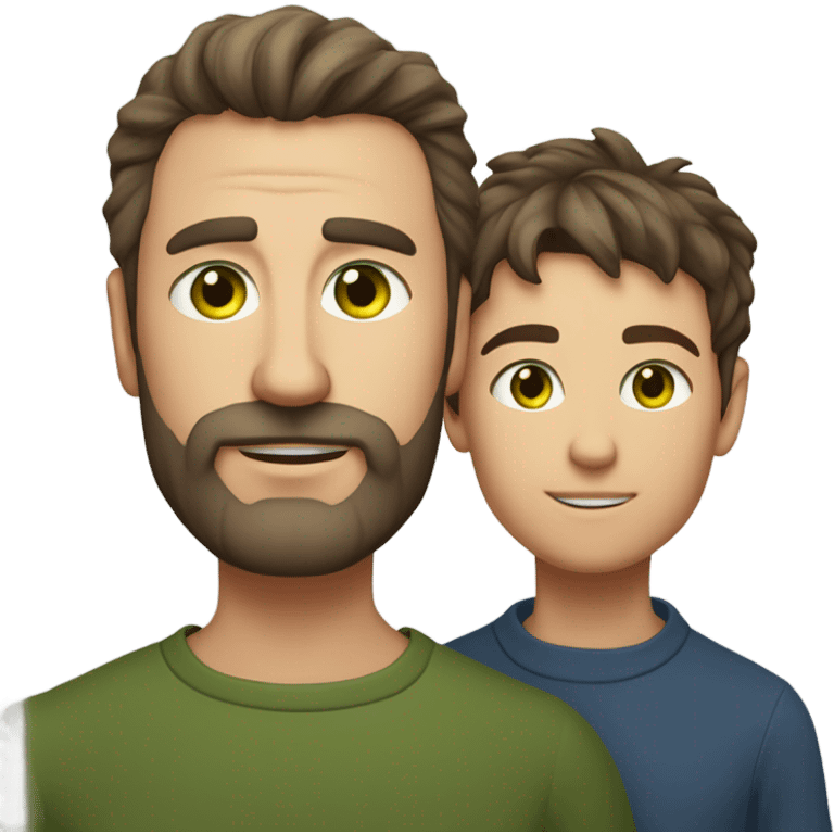 Handsome Father 40s green eyes with short full beard with Son 13s light brown eyes tousled bedhead look both has brunette hair light skin close together portrait emoji