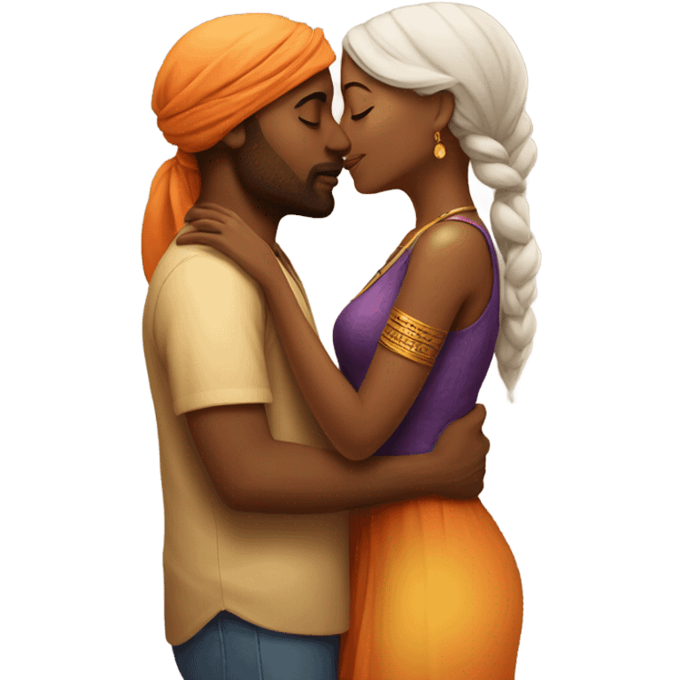 Black woman and Indian man kissing emoji