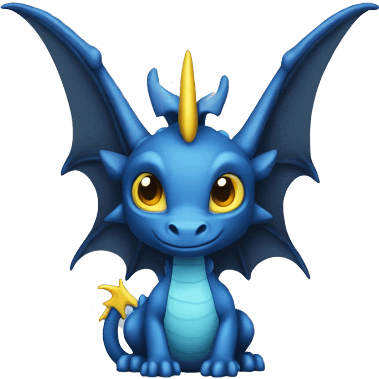 a dark blue dragon with yellow horns, black and white eyes, small blue ears and light blue wings emoji