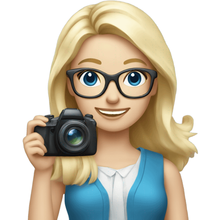 Elegant blonde girl with glasses smiling blue eyes taking pictures with a camera  emoji