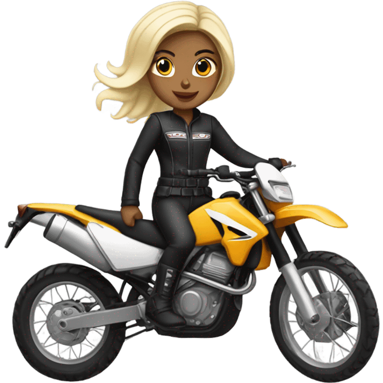 girl with black hair and two blond highlights on an enduro motorcycle emoji