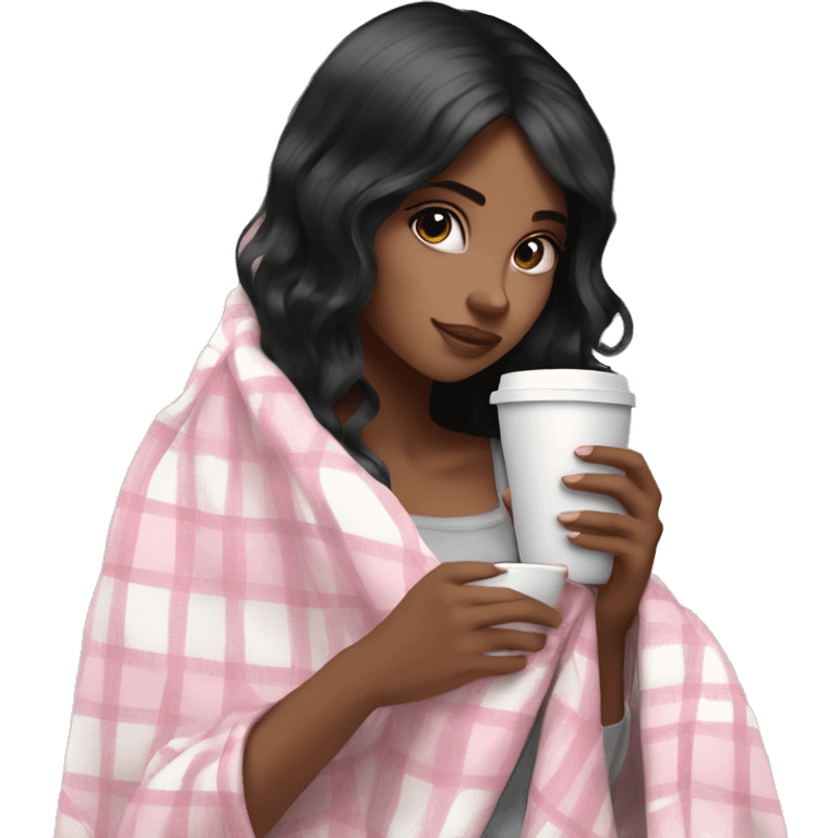 Pretty black hair girl wrapped in pastel pink plaid blanket drinking coffee emoji