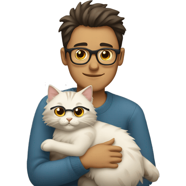 a guy with glasses hugging a Siberian cat emoji