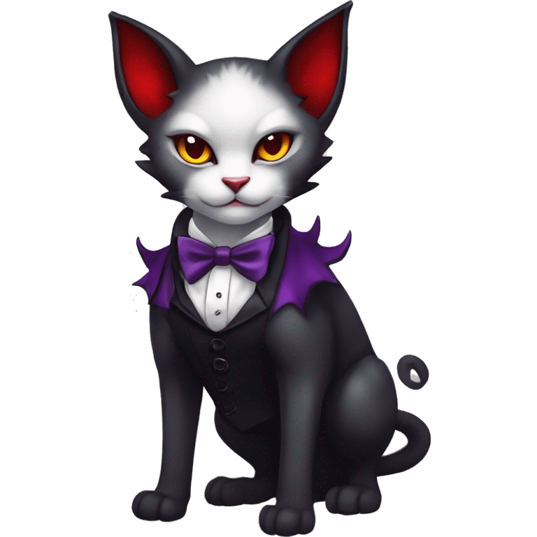 Cute-Evil-Vampiric-Batty-Cat-Black-Purple-Red-Yellow-Contrast-Colors-Fantasy-Fur-Sona-Chibi-Shiny-Fakémon-Hybrid with horns and big fangs neck bow white tie leg spats full body emoji