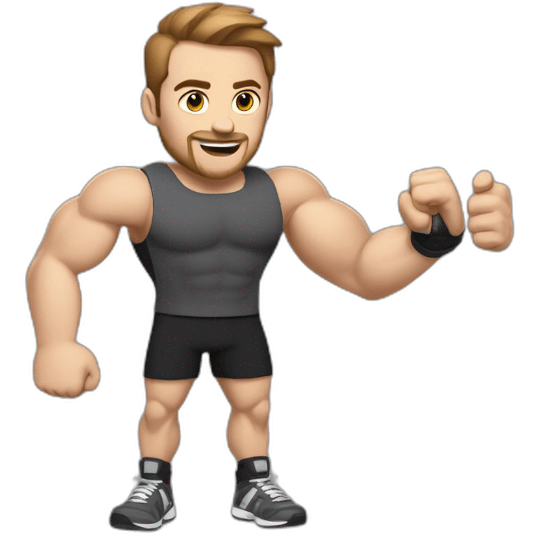 Close up Actively gesturing  with hands Pale skinned Fit Man With the biceps and brown hair in dark gray Sleeveless Mike, black oversize sports shorts, watch and white Sneakers emoji