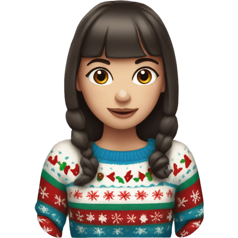 A girl with bangs of dark brown hair and blue eyes in a Christmas sweater emoji