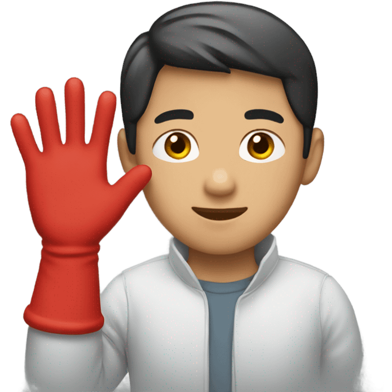 Asian boy wearing red gloves on hands emoji