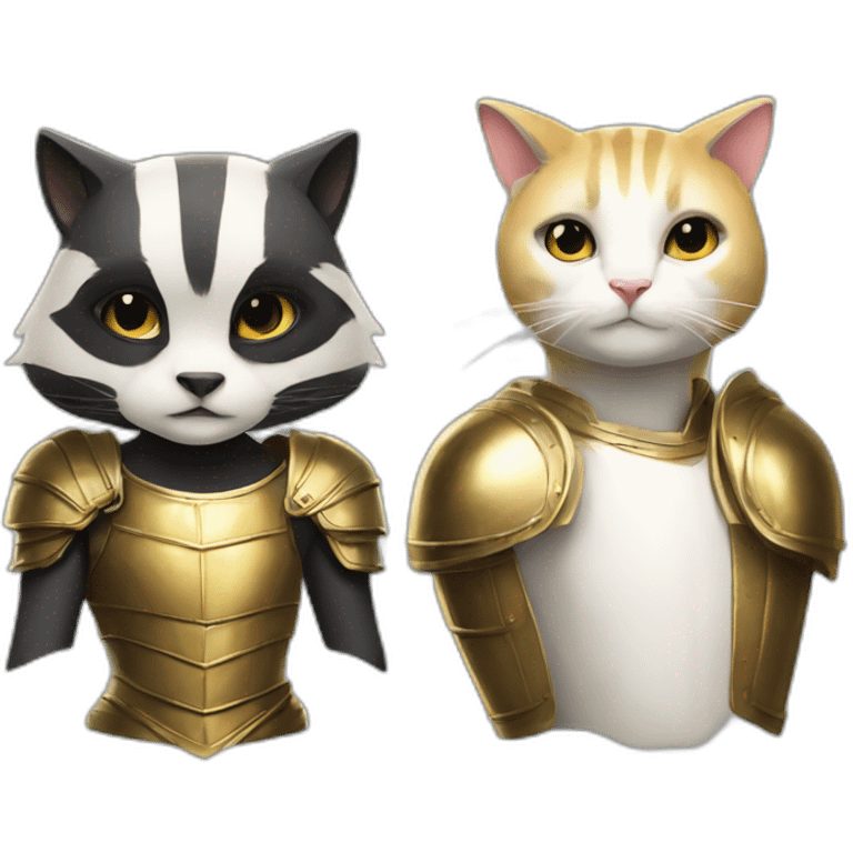 a badger, and a white female cat with a golden armour emoji