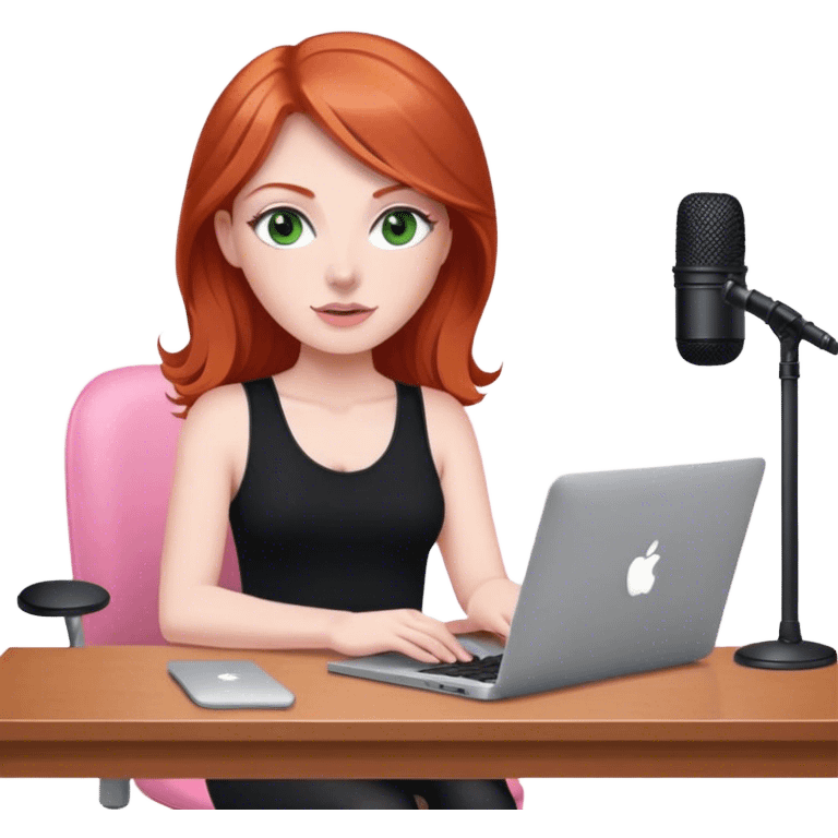 Redhead with green eyes sat at desk with pink MacBook and  podcast microphone black top and pink chair  emoji