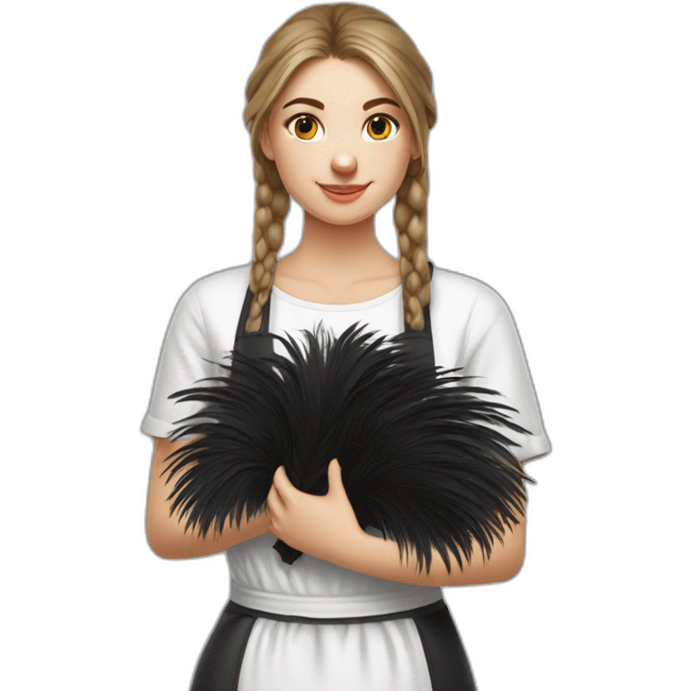 Slavic girl in a white T-shirt and a black apron holds ostrich feathers for dusting emoji