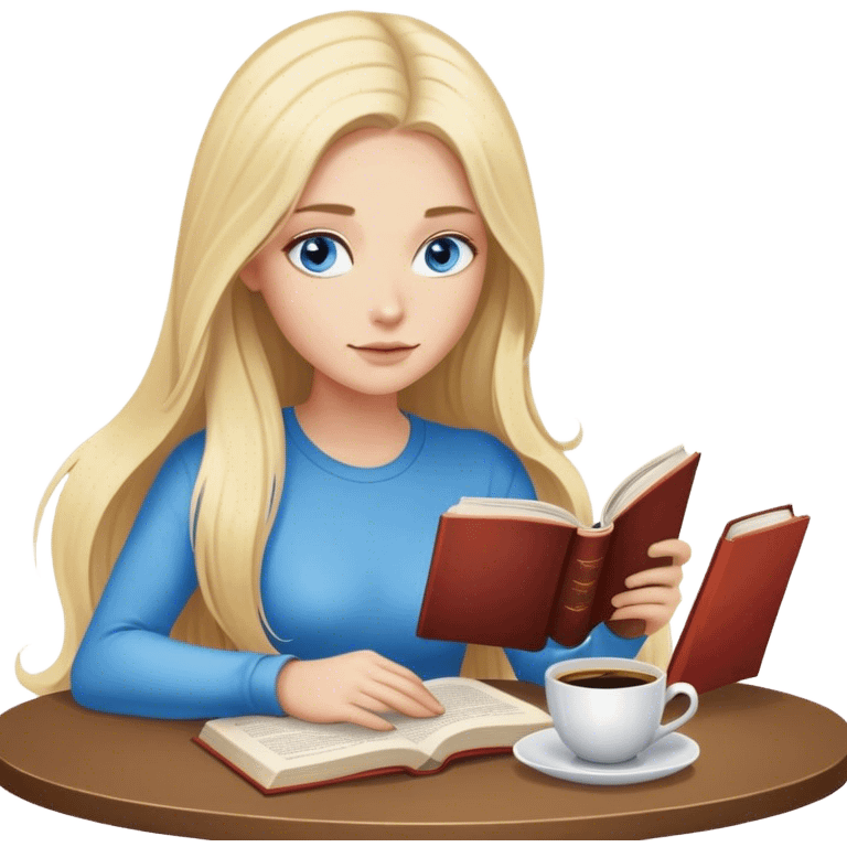 Cinematic realistic blonde with long hair and blue eyes, sitting reading a book, coffee is on the table next to her emoji