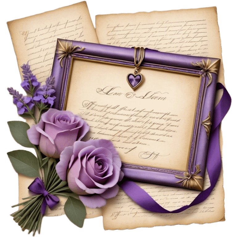 A delicate bouquet of lavender sprigs, dusty mauve roses, and deep violet peonies rests atop an antique love letter, its parchment kissed by time, tied with a silken amethyst ribbon forming an elegant bow. Nearby, a tiny heart-shaped locket gleams softly beneath the glow of a crescent moon, while scattered pressed pansies in shades of lilac and plum whisper forgotten sentiments of devotion. A few golden stars shimmer faintly, caught in the folds of the vintage fabric beneath the bouquet, adding a touch of celestial romance. emoji