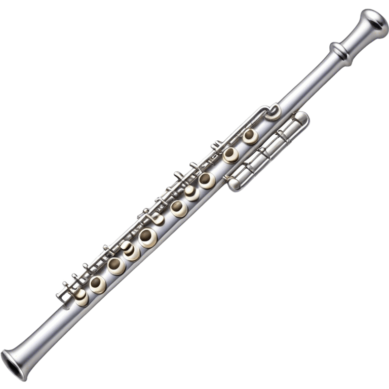 Create an elegant and refined emoji representing a classical silver flute. The design should showcase the sleek, polished silver body of the flute with its keywork and tone holes clearly visible. Highlight the smooth, straight shape of the instrument with subtle light reflections on its metal surface. The keys should be delicately detailed, with their small, round pads visible. Add a slight shine to the flute’s surface to reflect its high-quality craftsmanship. Optionally, include subtle musical notes floating around the flute to evoke its light, melodic sound. The background should be transparent. emoji