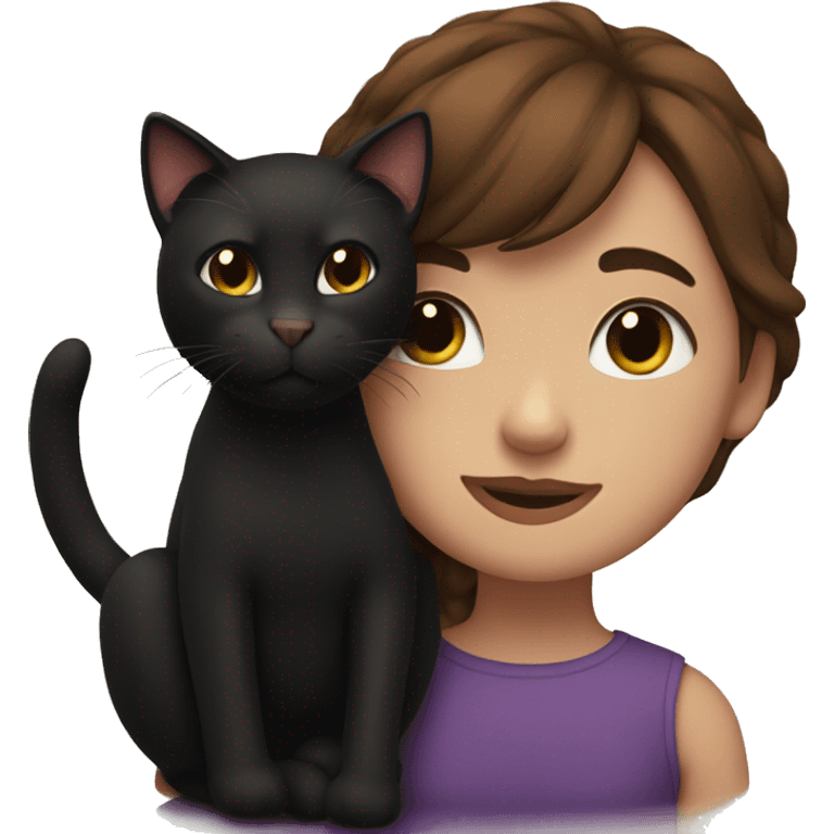 Girl with brown hair snuggles with here black cat emoji