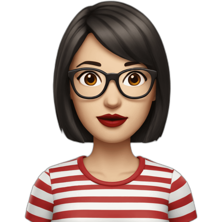 caucasian woman with square black glasses, straight dark brown bangs, red lipstick, blue and white striped t shirt emoji