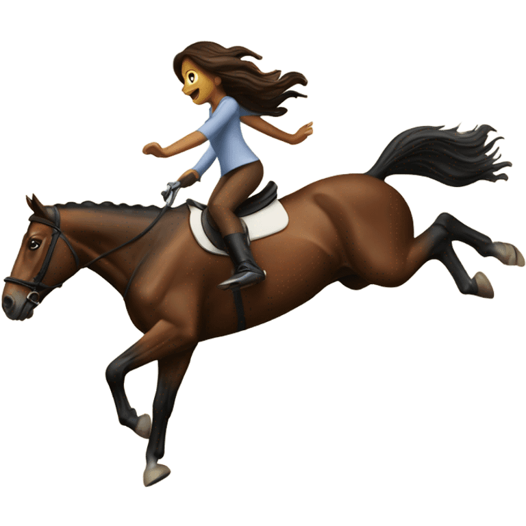 A brown horse jumping a jump with a girl riding it  emoji