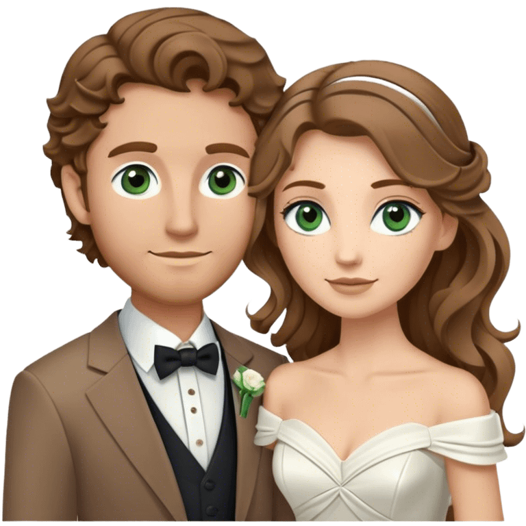 A bride and groom. Bride has brown hair with soft curls, has green eyes, wears an off shoulder dress. Groom has blond hair, has blue eyes, wears a brown suit with a brown vest and a bolo tie. emoji