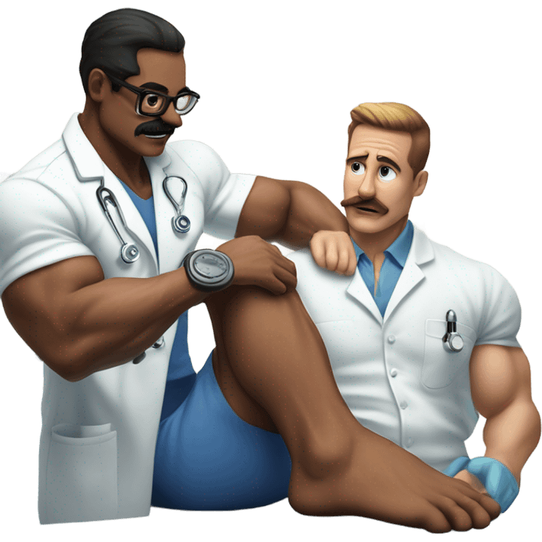 Body builder tattoo mustache doctor inspecting leg emoji