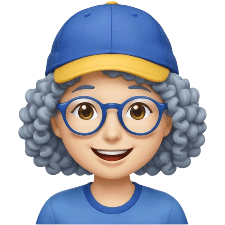 female yellow smiley face emoji, big smile, winking, wearing a blue ballcap backwards, grey curly hair, glasses, no eye color, head only, yellow, simple style, no ornament on hat, yellow, face only emoji