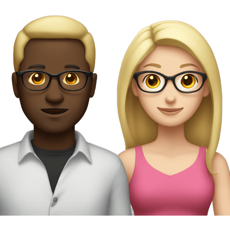 white woman no glasses long blonde  wearing a pink dress standing with a black guy with glasses wearing a red shirt emoji