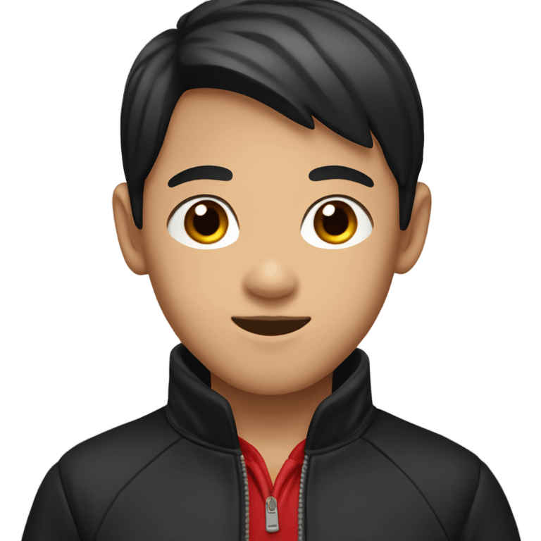 Asian boy wearing black and red varsity jacket and red gloves emoji